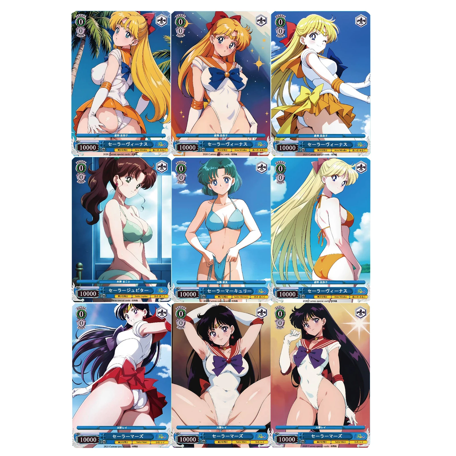 9Pcs/set 59X86Mm Diy Self Made Tsukino Usagi Aino Minako Swimsuit Collection Card Color Flash Anime Cards Gift Toys