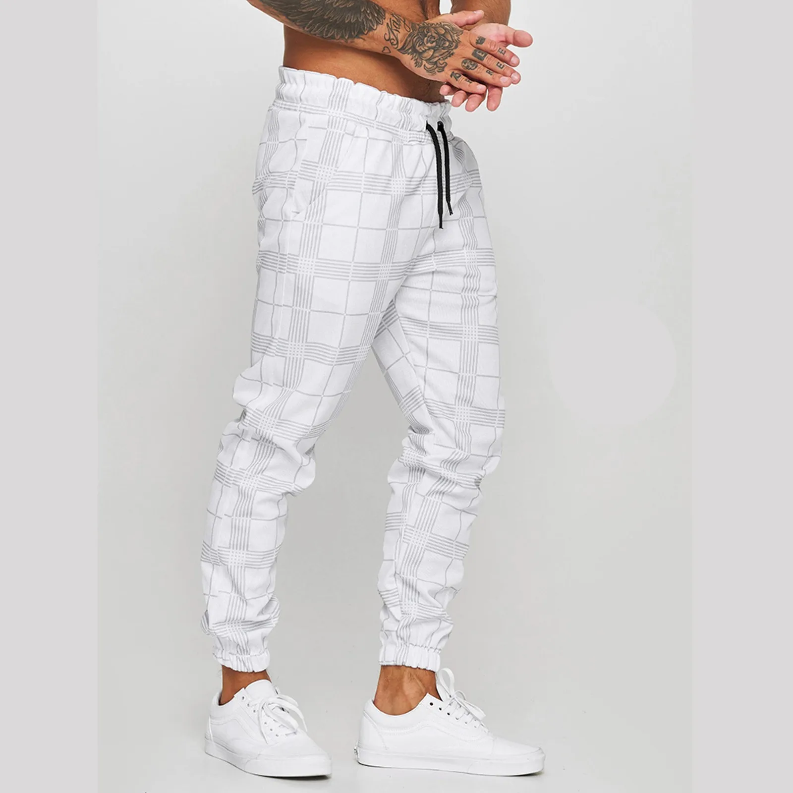 

Mens Streetwear Jogging White Plaid Pants Sweatpants Men Autumn Winter Casual Trousers Vintage Straight Long Pants Pantalon Homm