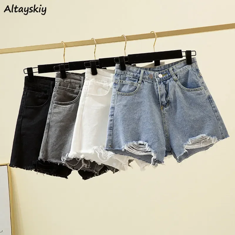 Ripped Denim Shorts Women Ulzzang S-3XL Sexy Lady Summer Wide Leg Baggy All-match Streetwear Vintage Youth Chic Simple