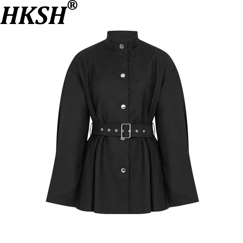 

HKSH Весна Осень Новый женский Тренч Tide Темные пояса на пуговицах Ветровка High Street Модный дизайн Тонкое пальто Повседневные брюки HK12633