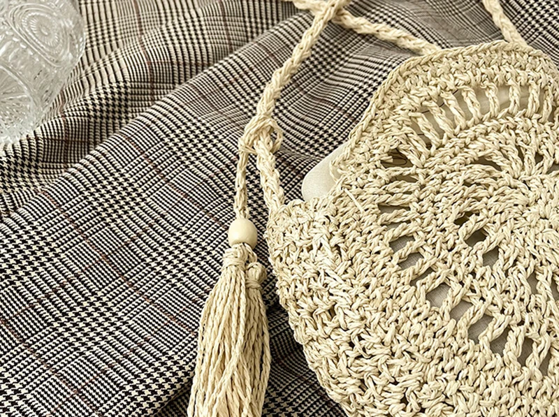 Rattan gewebte Frauen Stroh Umhängetasche kleine Clutch Geldbörse und Handtasche Sommer Strand tasche Frau Quaste Schulter Umhängetasche – Detail 21