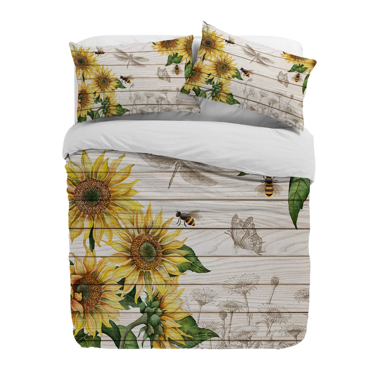 

Sunflower Bee Butterfly Wood Texture Duvet Cover With Pillow Case Custom 3pcs Bedding Set Quilt Cover Double Bed Home Textile