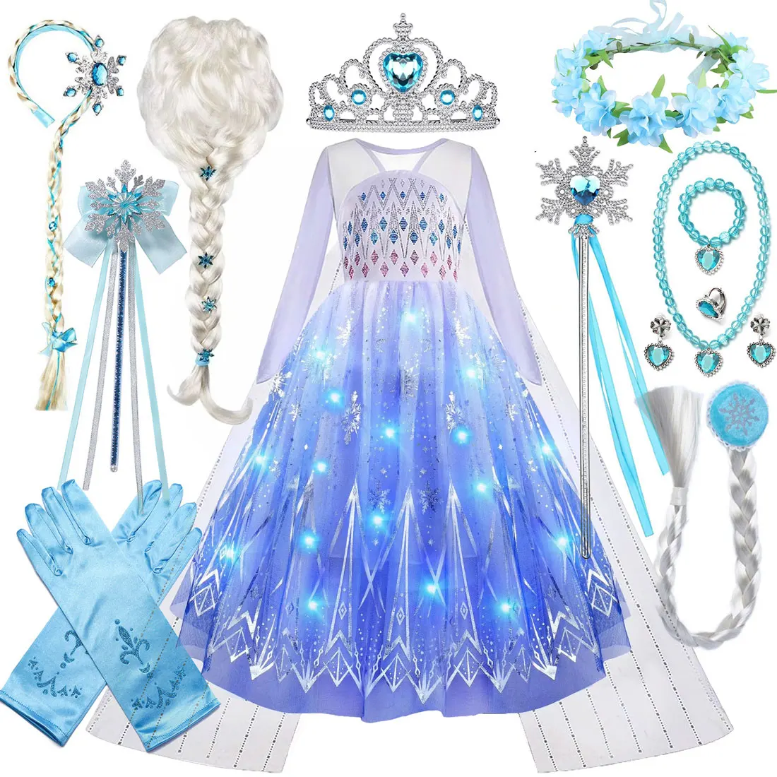 Disney Classic Frozen Movie Princess Elsa White Lace Dress With Lights Christmas Carnival Girl Birthday Cosplay Elsa Dress