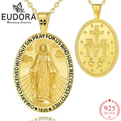 Eudora 925 Sterling Silver Virgin Mary Necklace 18K Gold Cross Sacred Heart Amulet Pendant Religious Jewelry Gifts for Men Women
