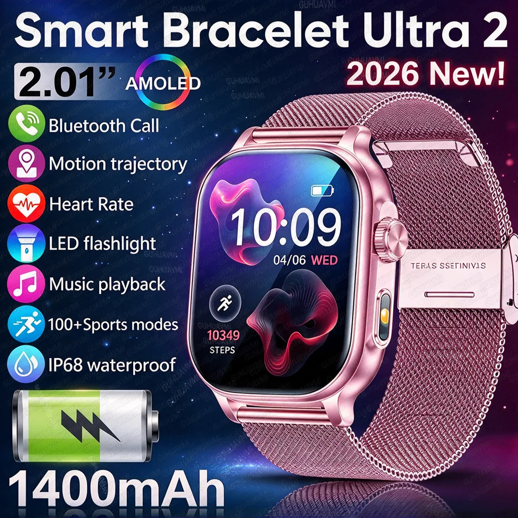 2026 Neue Smartwatch für Damen und Herren mit 1400mAh Akku, 2,01" AMOLED-Display, Bluetooth-Anruf, Herzfrequenzmessung, IP68, Taschenlampe, Fitness-Tracker