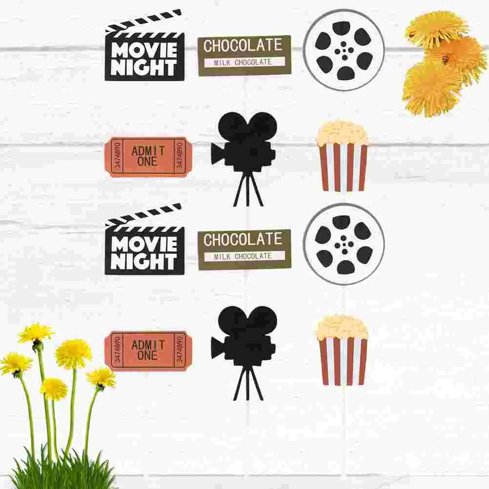 24PCS Creative Cake Inserted Movie Themed Party Decor Popcorn Cinema Ticket Lamplight Camera Cake Picks Funny Movie Party Decor