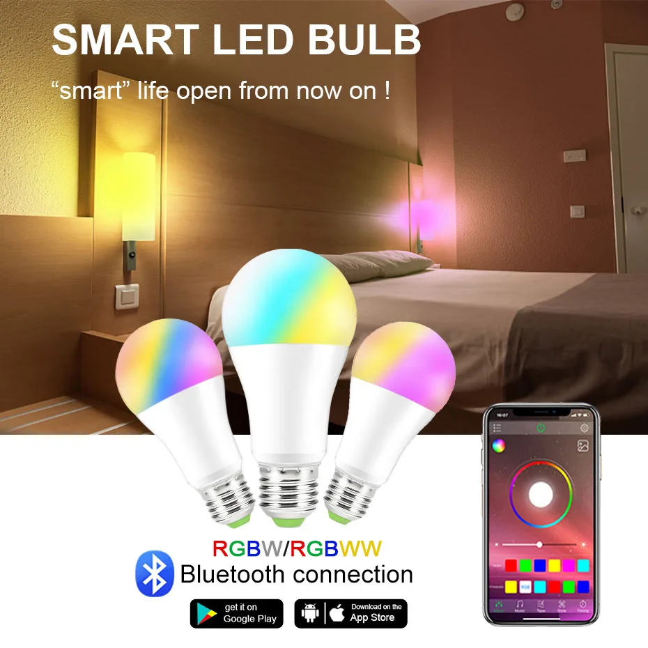 

4Pcs RGB LED Bulb E27 B22 Bluetooth Smart Lamp 15W 2Pcs APP Remote Control 110V 220VDimmable RGBW RGBWW Lights For Room Decor