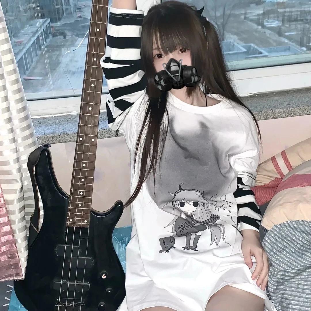 New Fashion Long Sleeve T Shirt for Women Girl Japanese Harajuku Streetwear Emo Alt Egirl Striped Tshirt Tops Clothing
