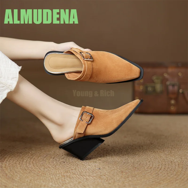 شباشب كعب منحدر مع جلد عكسي من الأغنام العصري مدببة من الخلف بحزام مجوف بإبزيم تصميم شباشب نسائية باوتو #3