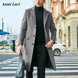 Vintage Mens Woolen Long Coats 2024 Autumn Winter Casual Solid Color Woolen Jacket For Men Trendy Slim Long Sleeve Lapel Jackets