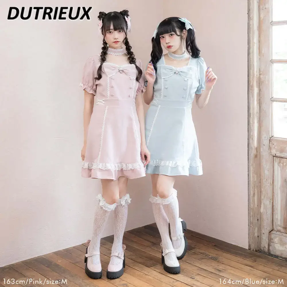 Elegant Short Sleeve Dress Japanese Style Heavy Industry Lolita Patchwork Retro Bow Slimming Casual Dresses for Women Summer