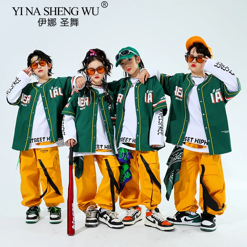 Hip Hop Boys Fashion Baseball Jacket Solid Cargo Pants Girls Cool Streetwear Children Jazz Clothes Set Kids Street Dance Costume