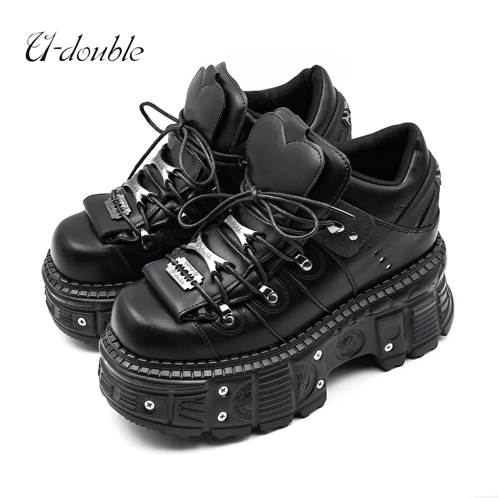 New Punk Style Women Shoes Lace-up Heel Height 6CM Platform Shoes Woman Gothic Ankle Rock Boots Metal Decor Woman Sneakers