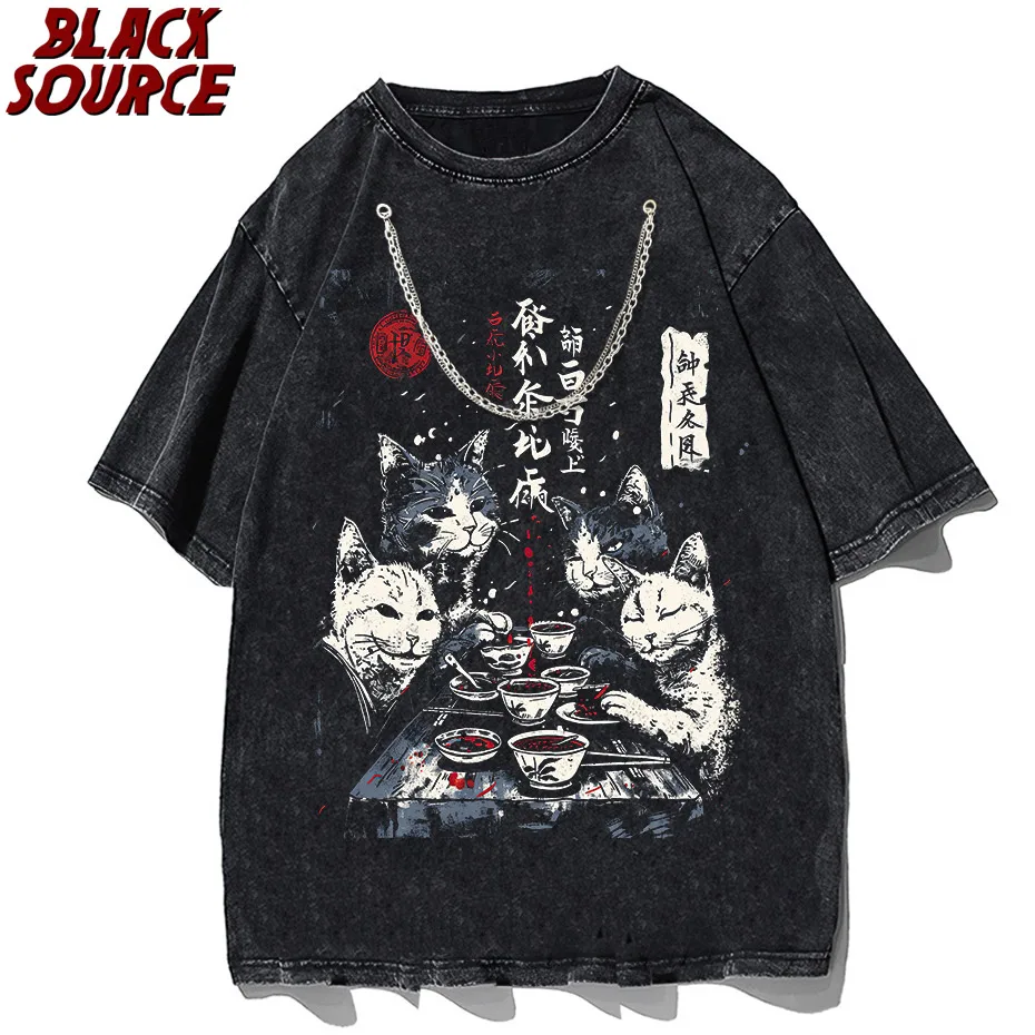 T497 Bai Men's Catman Red Moon Cat Graphic Hoodie, Japanese Streetwear Pullover Sweatshirt, Oversized Casual Urban Fashion