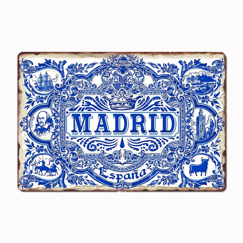 

Azulejo Decoration Madrid Blue Vintage Azulejos Tiles Metal Club Custom Indoor Wall Tin Sign Room Decor Home Decor