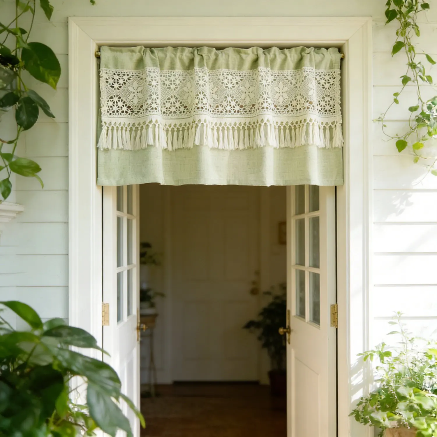 Boho Chic Tassel Short Curtains with Crochet Geometry Hollow Faux Linen Half Curtain for Kitchen, Cafe, Bathroom, Cabinet