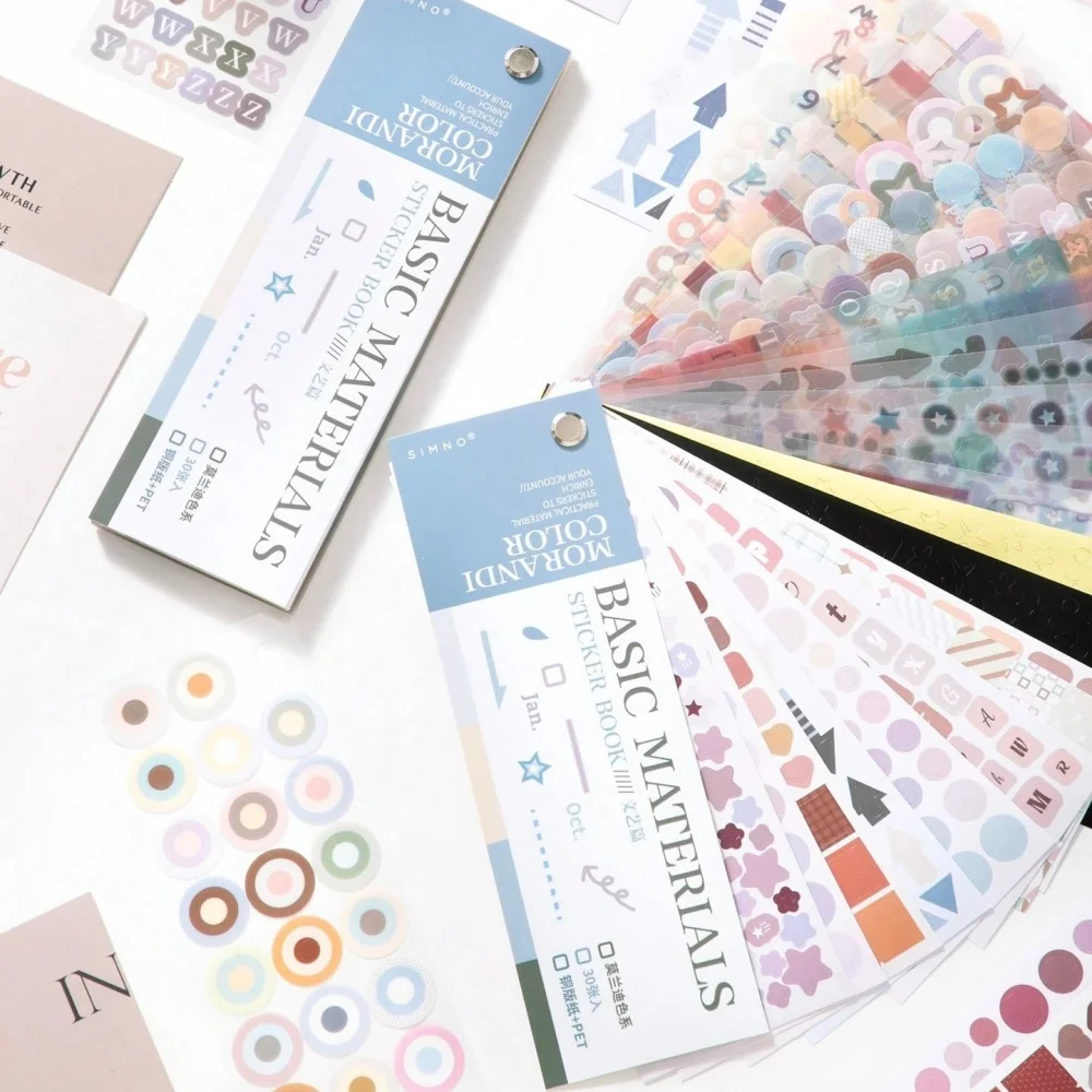 Basic Color Card Sticker Book Morandi Macaron Dots Stars Numbers Letters PET Stickers for Scrapbooking Journal DIY Craft F7968
