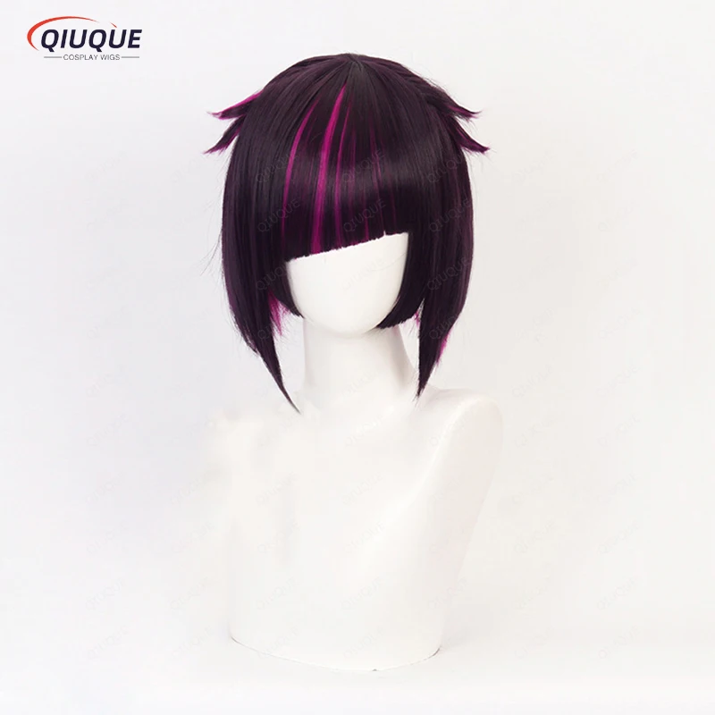 Anime Lilia Vanrouge Cosplay Wig Short Black Purple Mixed Heat Resistant Synthetic Hair Halloween Role Play Wigs + Wig Cap