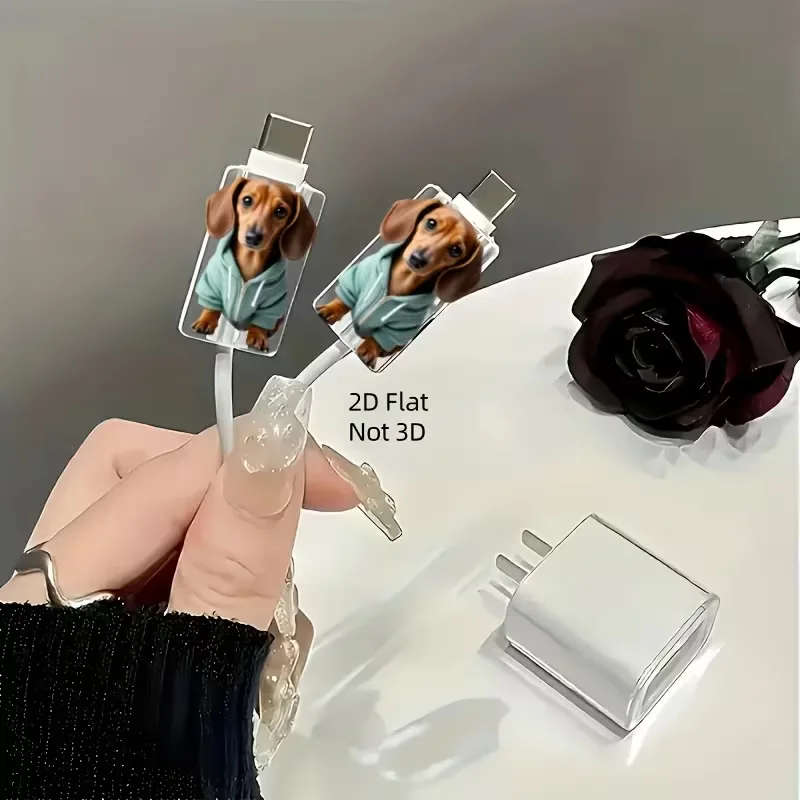 

2D плоский акриловый защитный чехол для кабеля данных с милым мультяшным дизайном в виде таксы, подходит для Type-C, декоративные аксессуары, подарки, забавные сувениры