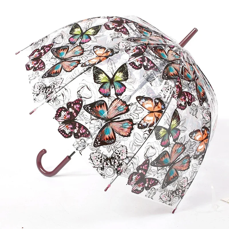 Retro Transparent Umbrella Female Butterfly Print Mushroom Umbrella Curved Handle Long Handle Umbrella