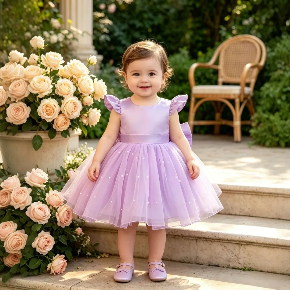 Baby Girls Lavender Satin Princess Dress Pearl Tulle Tutu Gown Toddler Big Back Bow Elegant Birthday Baptism Party Dress ZD36