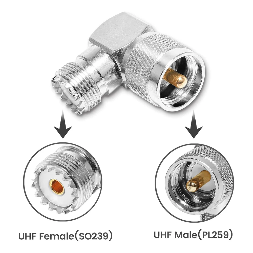 UHF PL259 Male To SO239 Female RF Coax Coaxial Connector Adapter Right Angle 90° Low Loss for CB Ham Radio Antenna