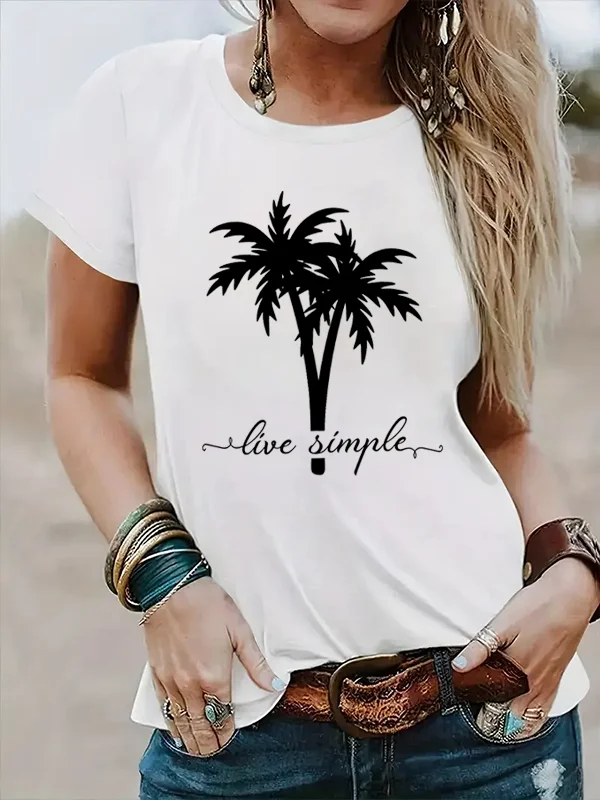 

2024 New Casual Summer Holiday Women T-shirt Live Simple Vintage Coconut Palm Print Female Shirt Fashion Beach Party Girl Tee