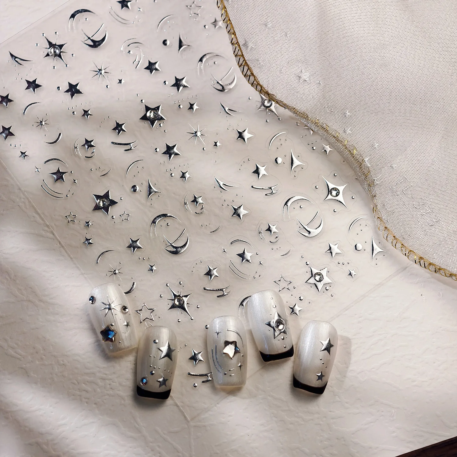

Elegant Silver Moon Star Nail Stickers Cosmic Shooting Star Trendy Self Adhesive Durable Vinyl Glossy for Women Daily
