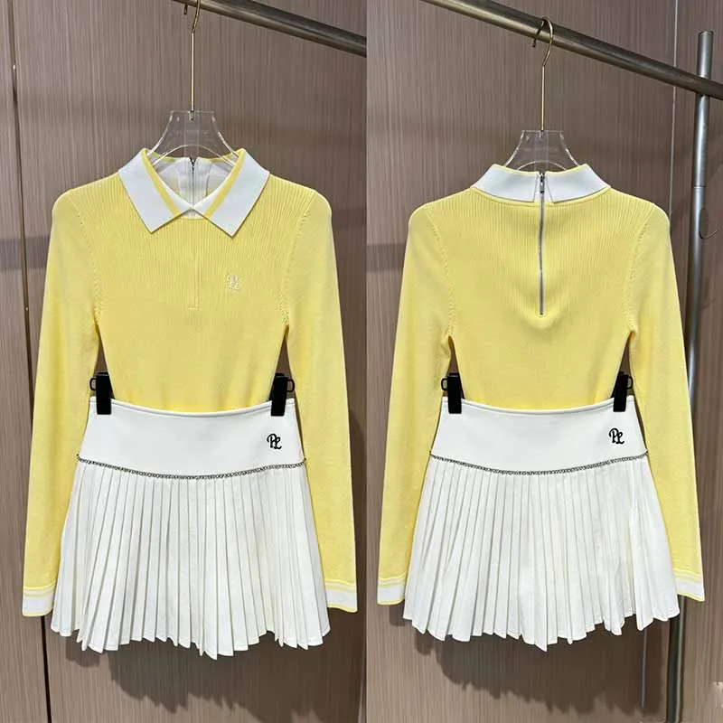 PL Knitted Leisure Golf Sweater for Women Long Sleeve Slim Polo T-shirt Elastic Golf Tops Ladies Tennis Pleated Skirt with Short