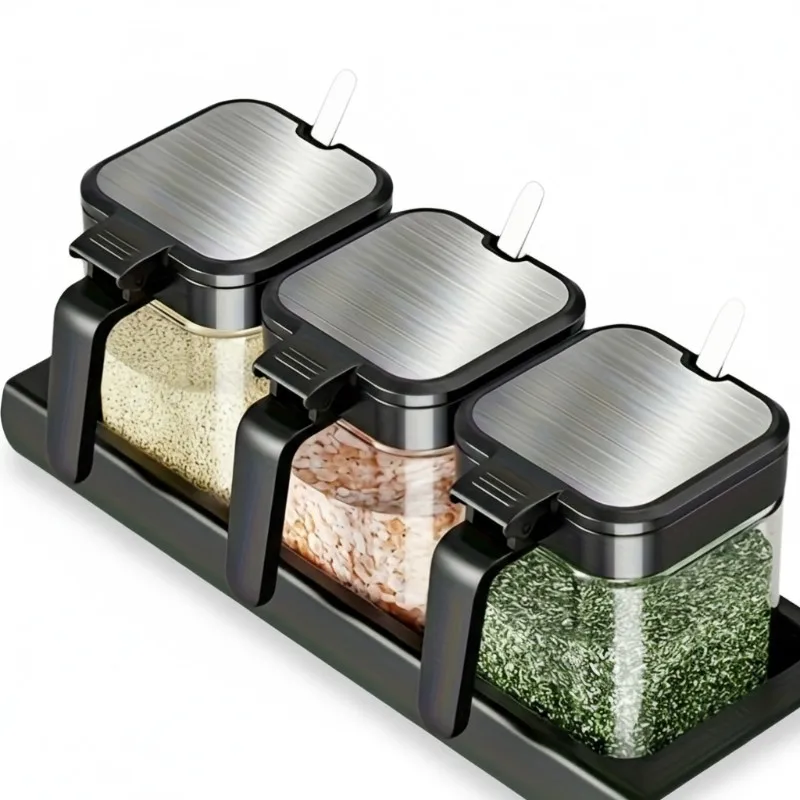

AT19-Glass 10 Oz For Spices Jars 3 Pcs With Spoon Set Seasoning Storage Organizer Bottles For Spice Rack