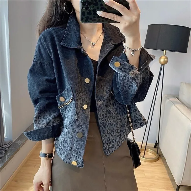 Vintage Leopard-Print denim coat women spring and autumn fashion short jeans jacket single-breasted loose Cowboy outerwear T300