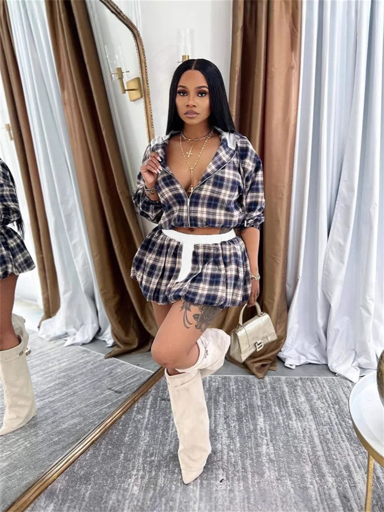 

Nibber Plaid 2-Piece Set Women Zipper Long Sleeves Hooded Short Coat+Patchwork Elastic Waist Puffy Mini Skirt Matching Suits