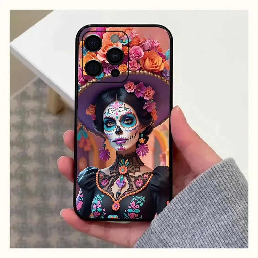 Mexican Catrina Skull Girl Phone Case For Apple iPhone 15,14,13,12,11,Pro,X,XS,Max,XR,Plus,Mini Soft Black Cover