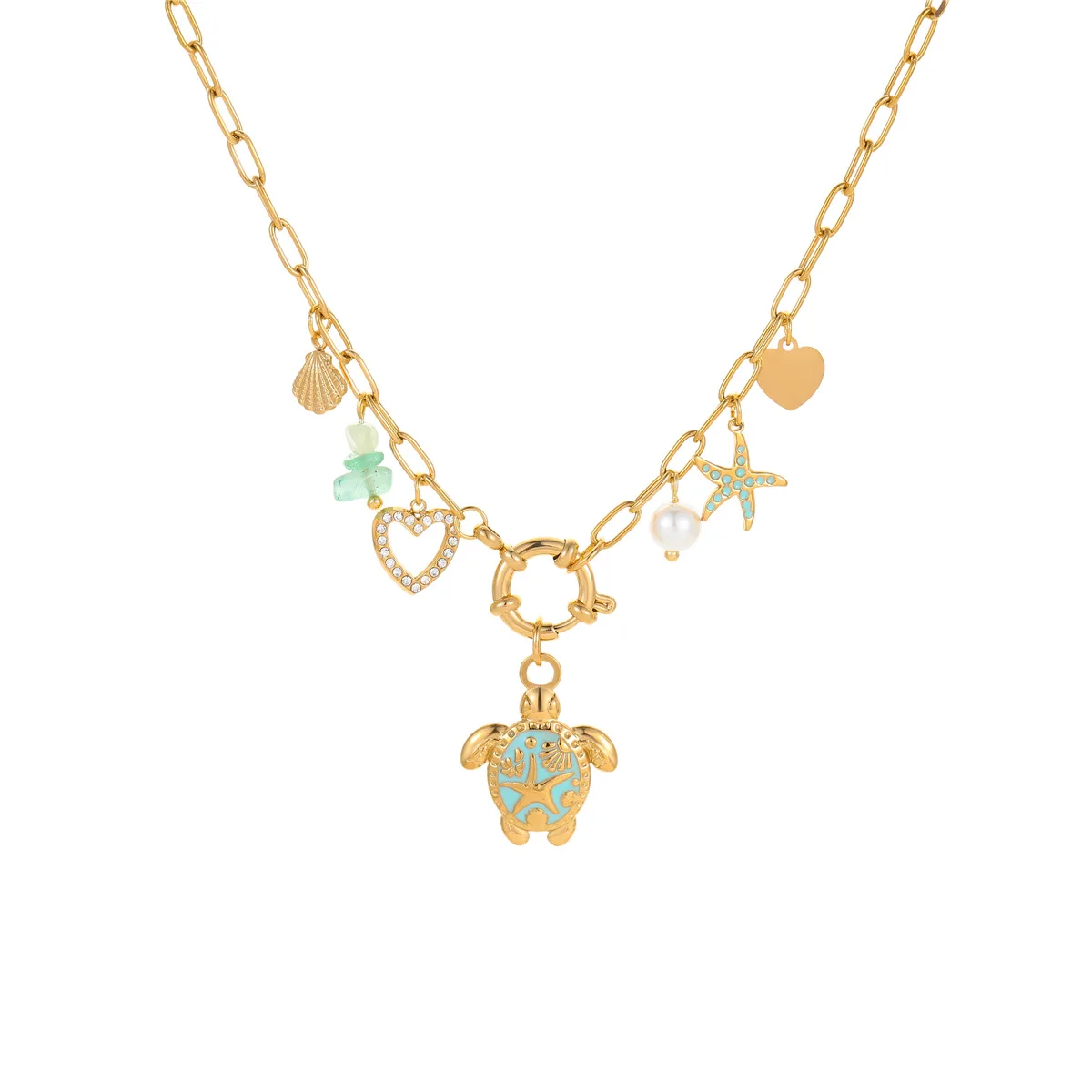 Marine element vacation-style turtle pendant stainless steel necklace with multi-color design and 18K gold- plated for women