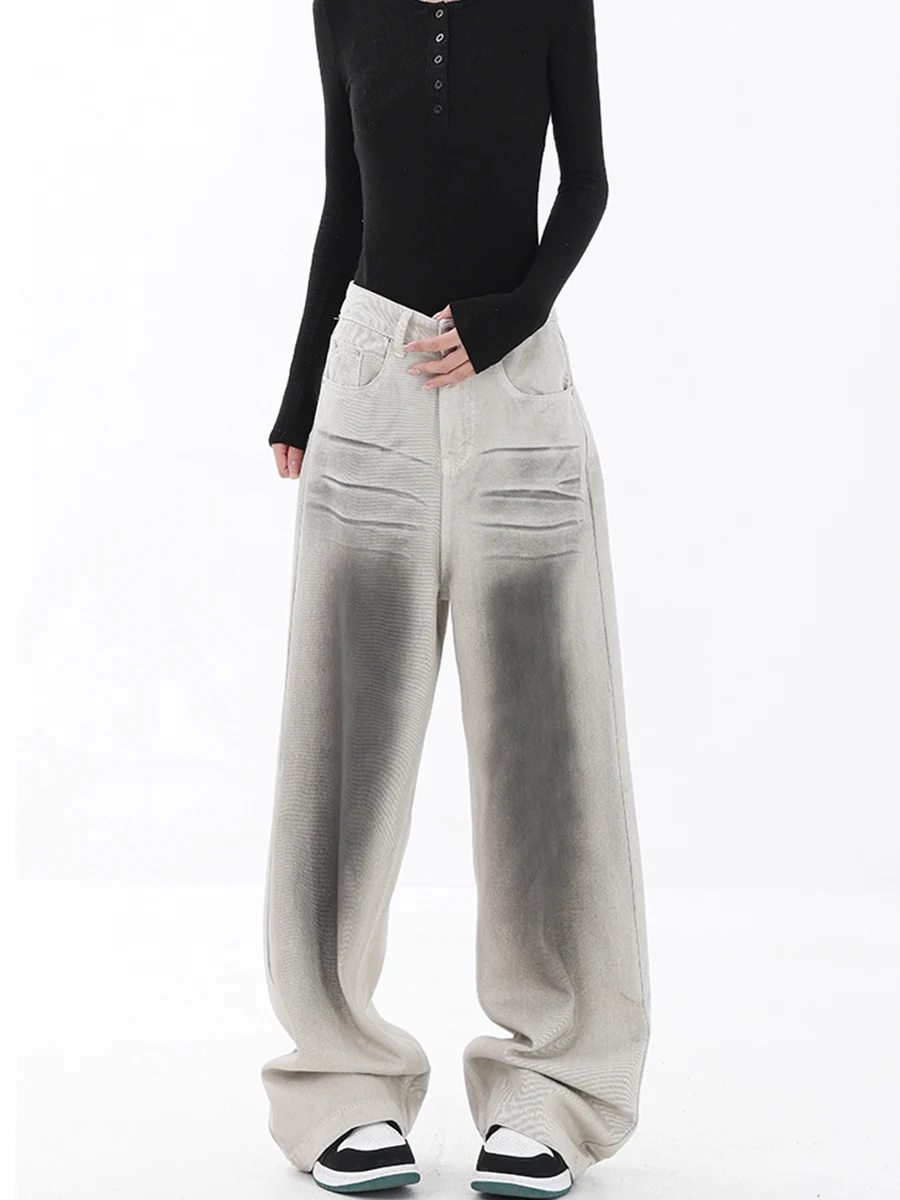 

Джинсы женские больших размеров из денима, с высокой талией, широкими штанинами, длиной в пол, свободного кроя, утягивающие, повседневные, для зимы