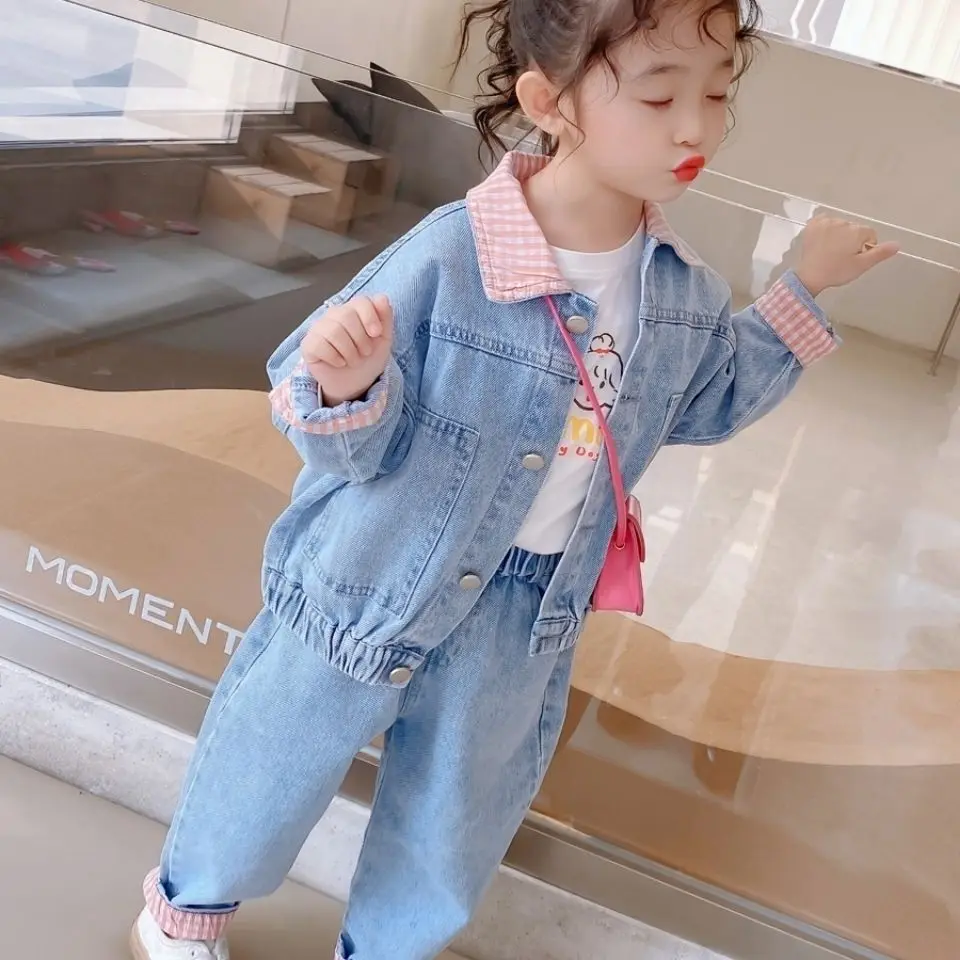 1-7 Y Kids Girls Denim Jackets+Jeans 2Pcs Spring Autumn Long Sleeve Single-breasted Denin Coats Pants Suit Children Clothes Set