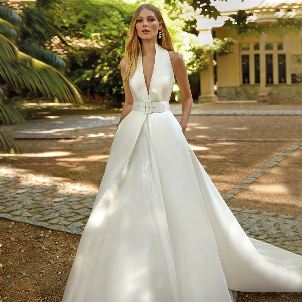 

Simple Wedding Dress with Detachable Train V Neck A Line Gown for Women 2023 Bride White Satin Tulle Elegant Bridal