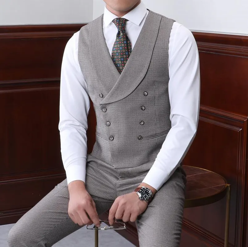 Suits Vest For Men Gray Houndstooth With Lapel Collar Double Breasted Retro Steampunk  Business Vest