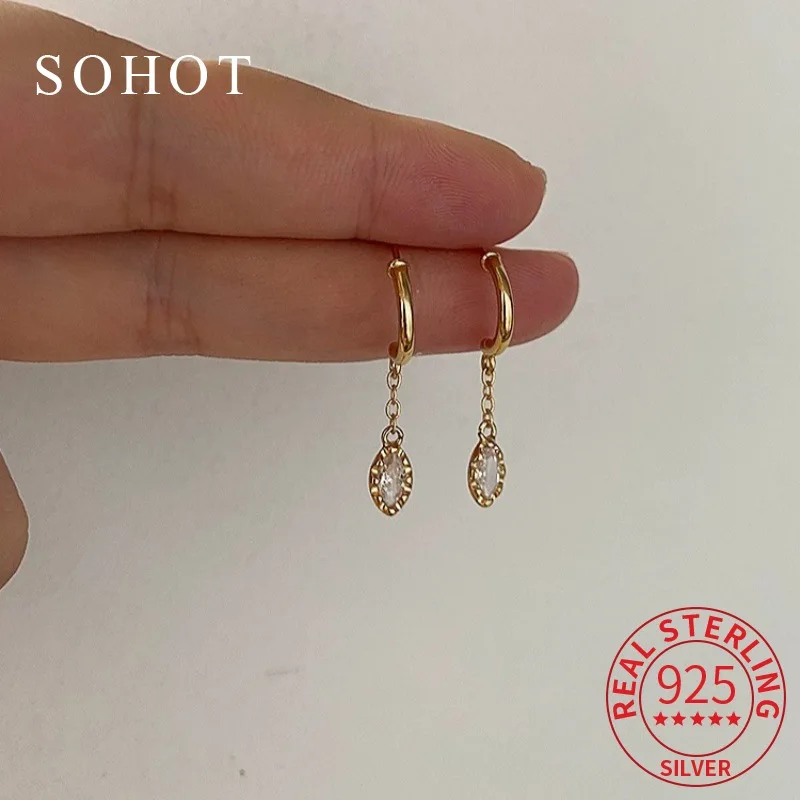 

Настоящее серебро 925 пробы, изысканные серьги-гвоздики с подвеской из золота 14 карат и циркона для элегантных женщин, ювелирные изделия, винтажные аксессуары