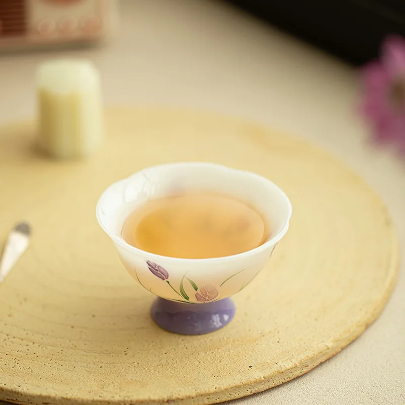 HYS New Chinese Hand-painted Tulip Ice Seed Jade Teacup Master Cup Guest Cup Exquisite Tea Tasting Cup Ceramic Kung Fu Tea Set 4