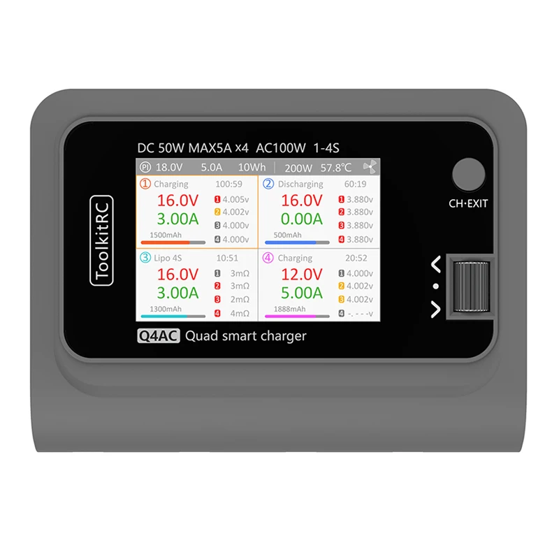 ToolkitRC New Q4AC Grey 4x50W 5A AC 100W 4 Port DC Smart Charger XT60/XT30 Optional for 1-4S Lipo Battery - XT60 XT30 With