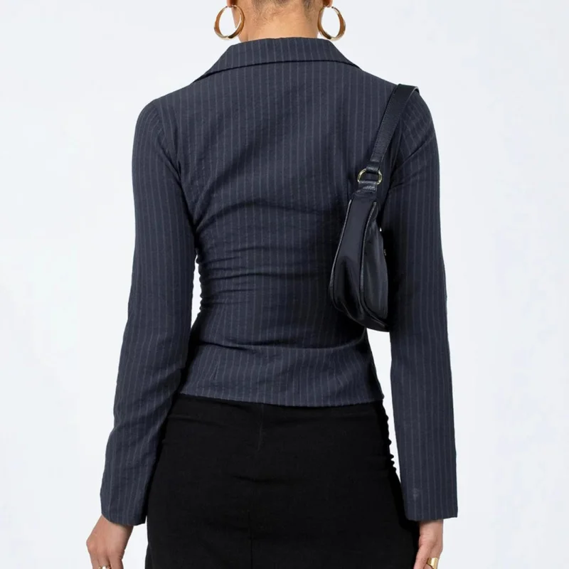 Camisa con botones y cuello de solapa para mujer - Blusa ajustada de manga larga a rayas para oficina y estilo casual