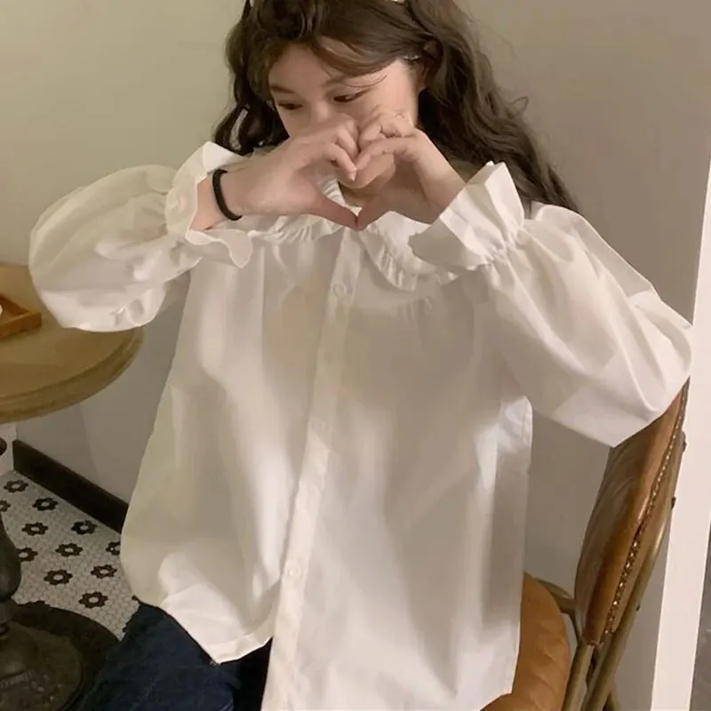 Customization Vintage Women White Shirt Preppy Style Fashion Elegant Female Long Sleeve Blouse Y2K Sweet Kawaii All Match Shirts