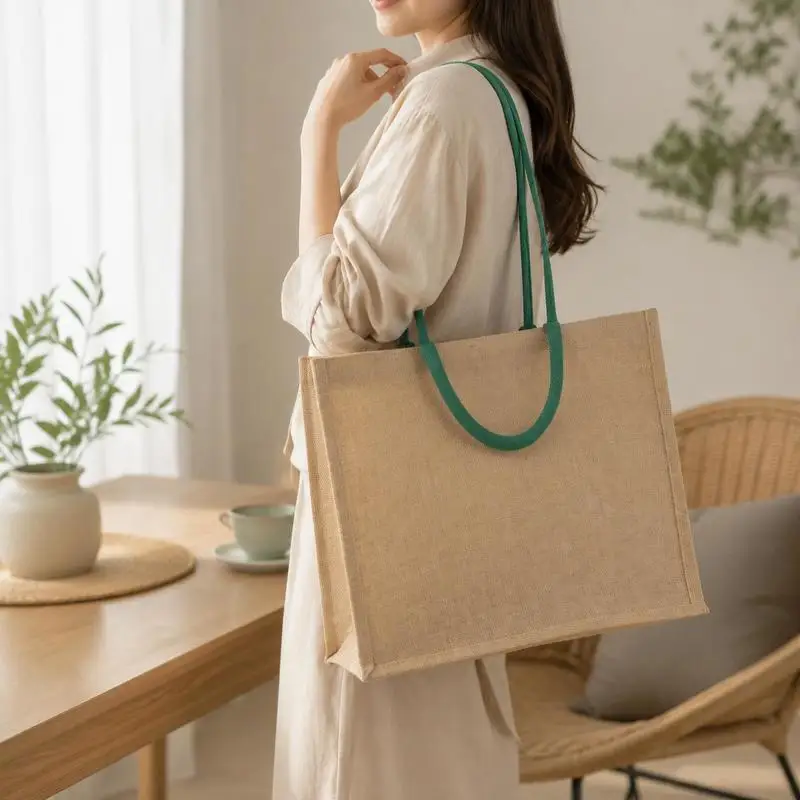 Sac fourre-tout en jute naturel 42 x 33 x 19 cm, spacieux, avec doublure laminée, sac à main rustique et durable pour les courses quotidiennes
