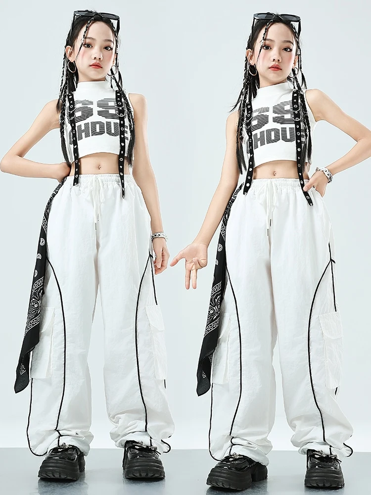 

Kids Hip Hop Clothing White Suit For Girls Vest Loose Pants Jazz Practice Clothes Stage Performance Costume Rave Wear BL13001