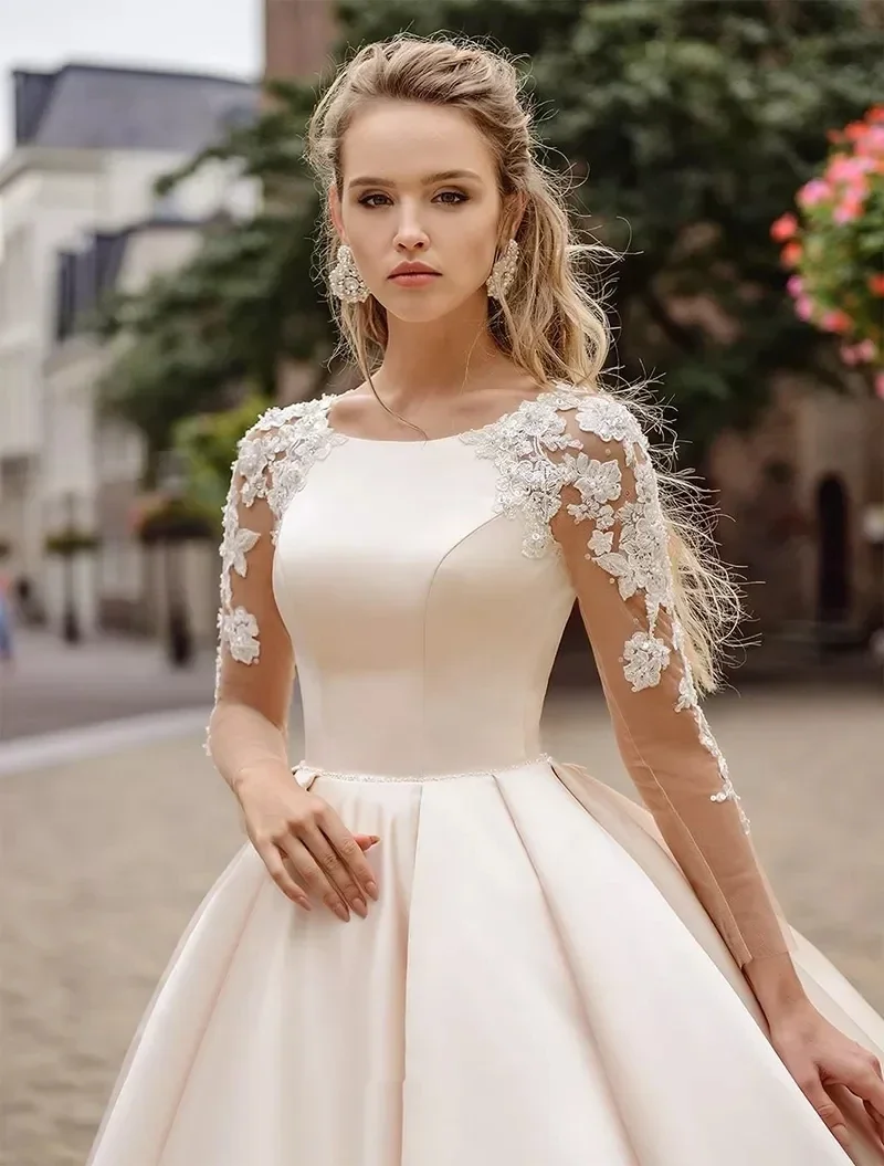 Personalizado simples cetim vestidos de noiva sexy sem costas em torno do pescoço princesa vestidos de casamento a linha renda applique manga longa formal