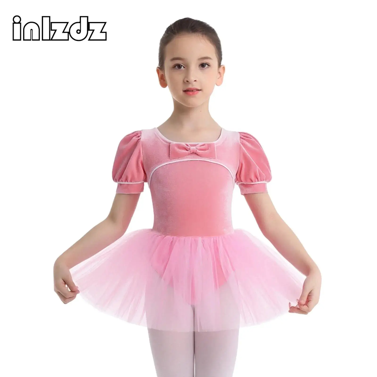 

Kids Girl Gymnastics Ballet Dance Tutu Dress Bow Velvet Tulle Dress with Built-in Briefs for Training Performance Birthday Party