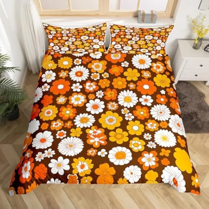 3Pcs Retro Floral Duvet Cover Set, Groovy Boho Botanical Blossom Hippie Flower Print Bedding Set with Pillowcases All Season