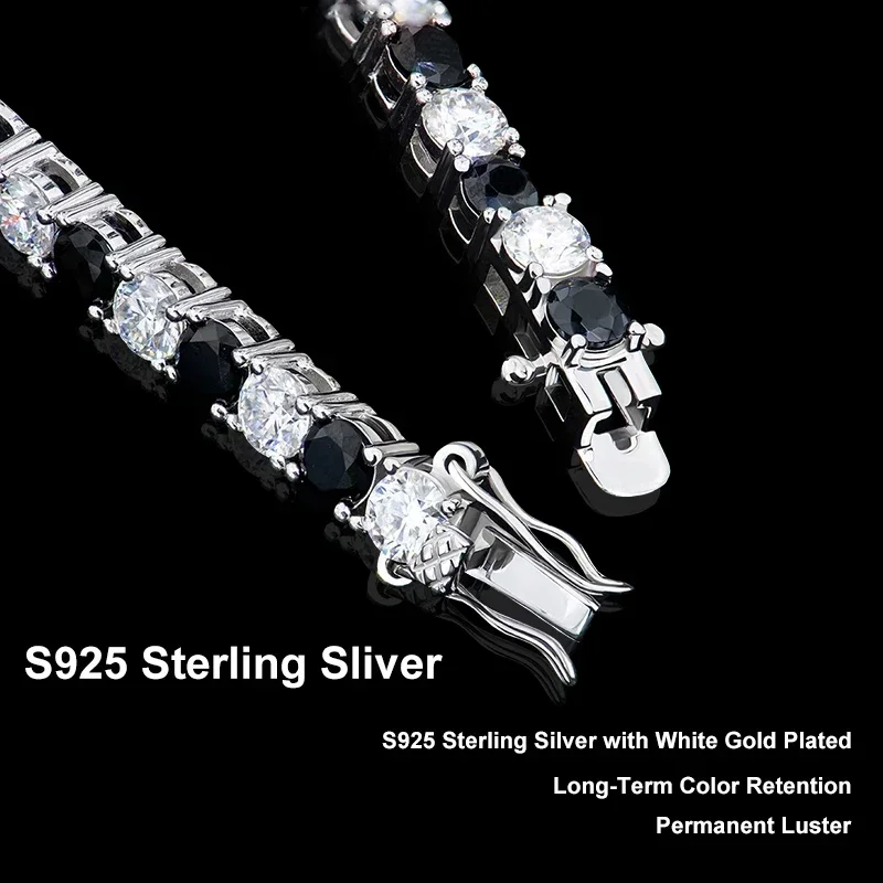 Tezzc Black and White All Moissanite Tennis Bracelets for Women Man s925 Sterling Silver Plated White Gold Hip Hop Bracelet