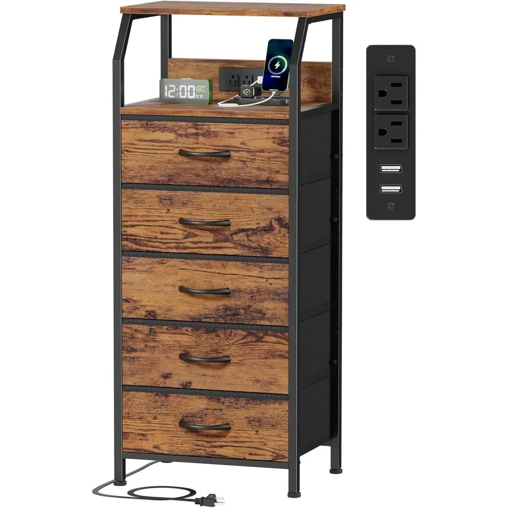 

5-Drawer Dresser with Charging Station, Tall Nightstand with Storage, Fabric Chest of Drawers, Bed Table or Closet, Entryway and